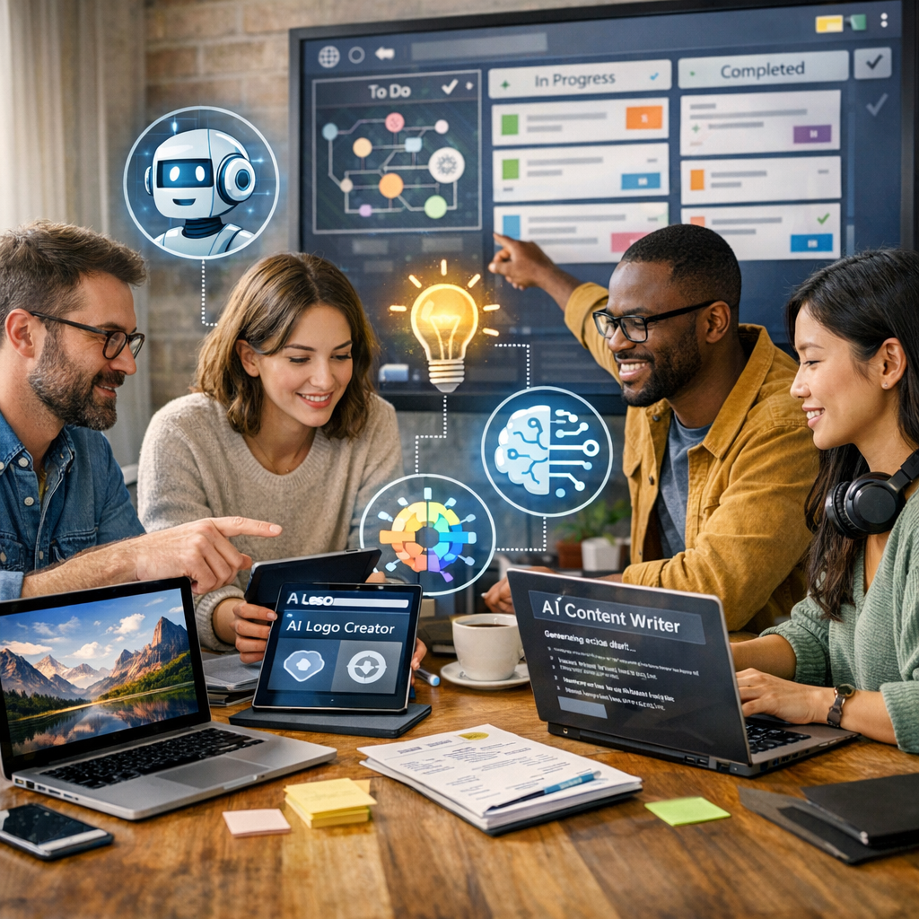 Réunion de travail et collaboration, illustrant l’organisation de projets freelance avec l’aide d’outils IA